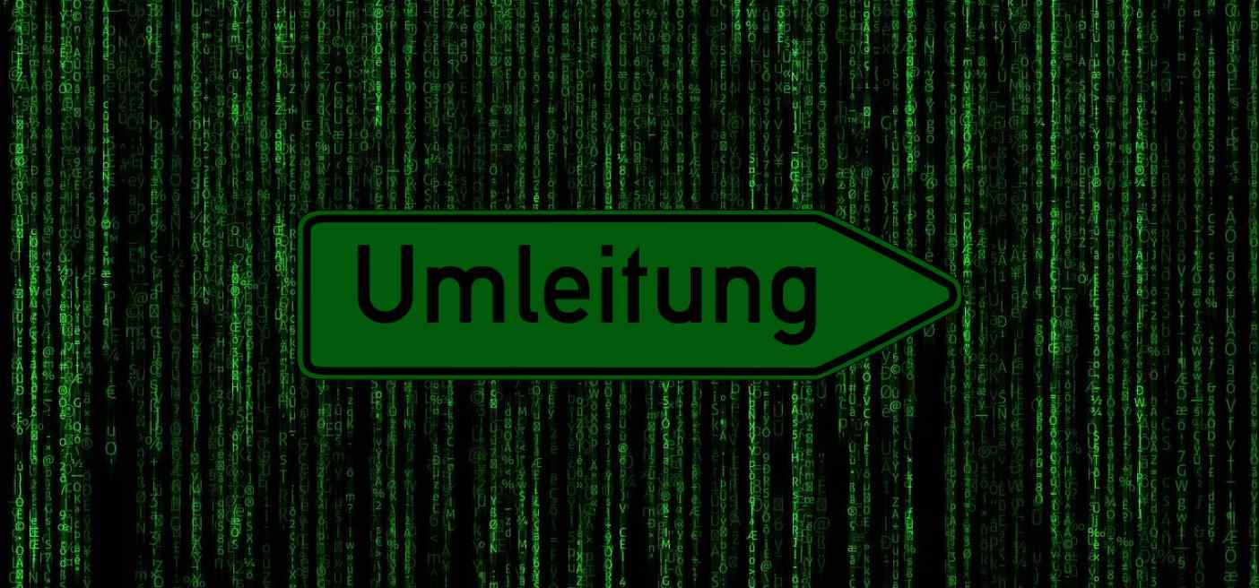 Der Text "Umleitung" ist vor einem computer-code hintergrund zu sehen